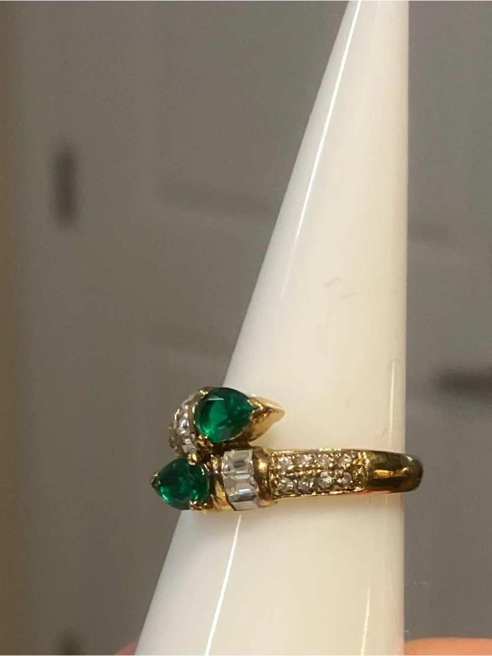 Gold Ring with Emerald Green Pear Stones and Clear Accents